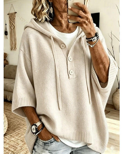 Women's Relaxed Fit Hooded Knit Sweater with Drawstring