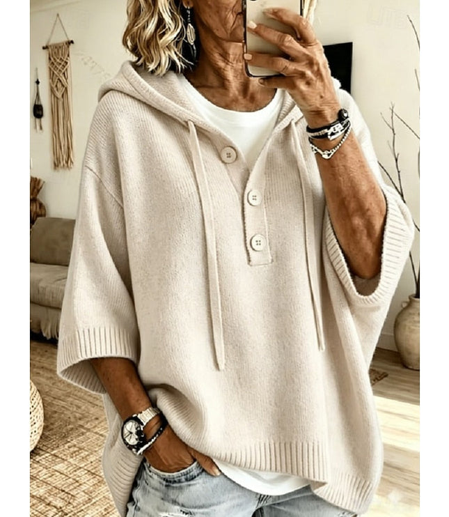 Women's Relaxed Fit Hooded Knit Sweater with Drawstring