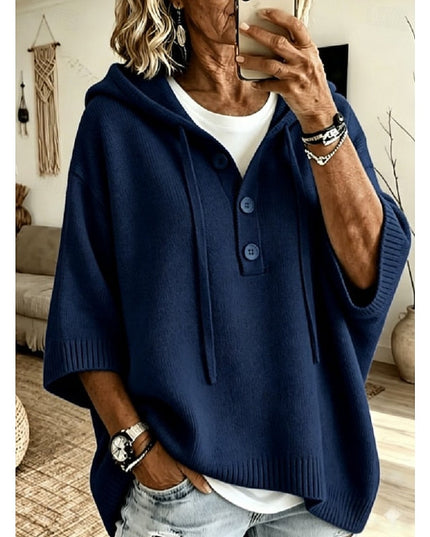 Women's Relaxed Fit Hooded Knit Sweater with Drawstring