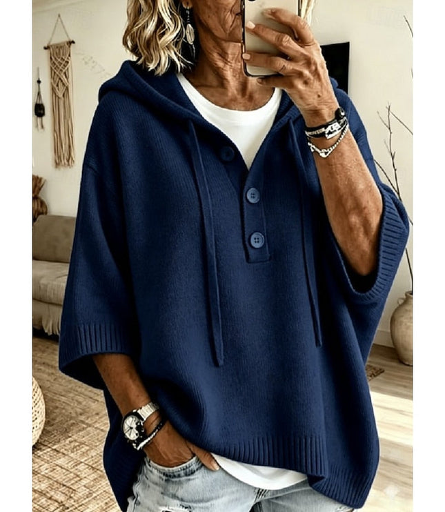 Women's Relaxed Fit Hooded Knit Sweater with Drawstring
