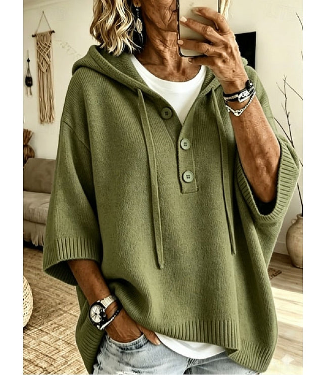 Women's Relaxed Fit Hooded Knit Sweater with Drawstring