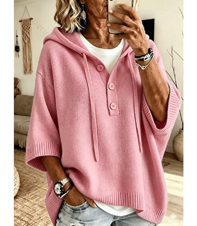 Women's Relaxed Fit Hooded Knit Sweater with Drawstring