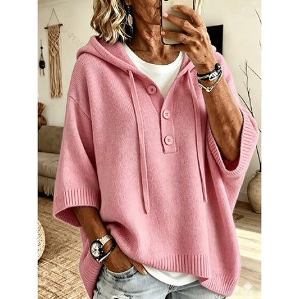 Women's Relaxed Fit Hooded Knit Sweater with Drawstring