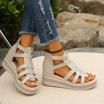 Beige strappy platform sandals with rhinestone embellished sole and white leather straps