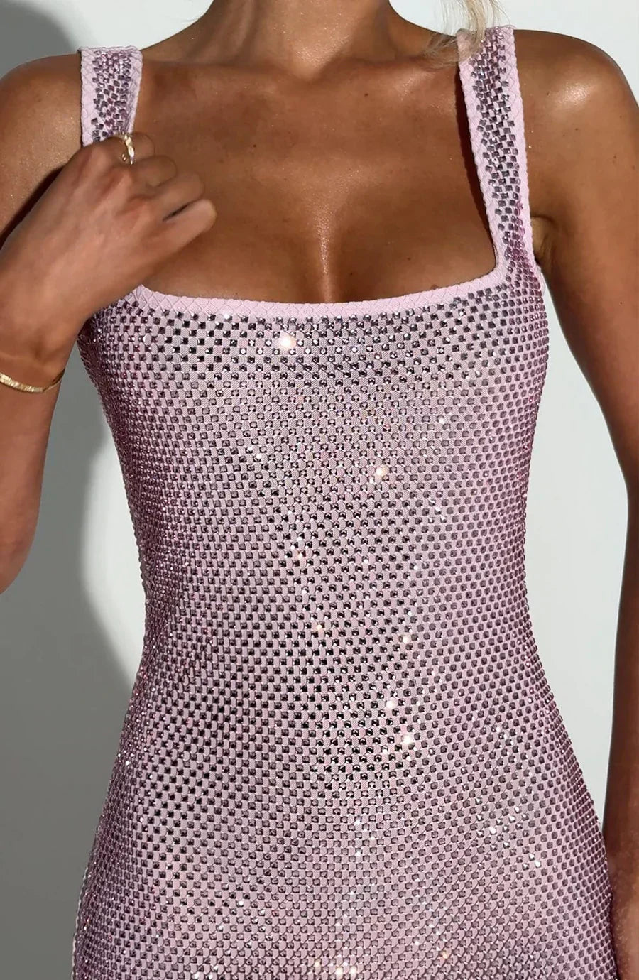 Women's Rhinestone Square Neck Cocktail Party Mini Dress