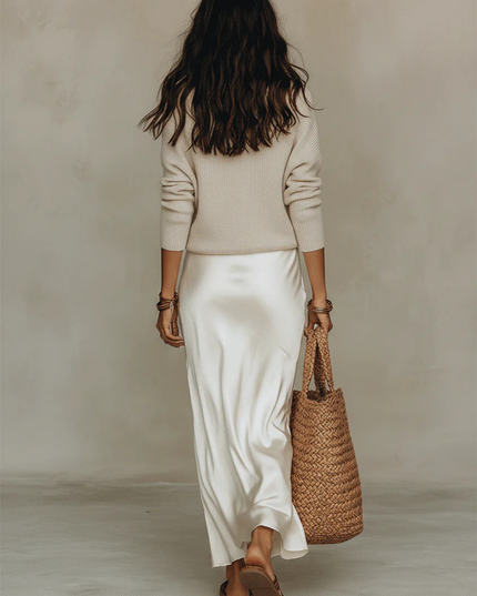 Women's Ribbed Knit Sweater and Satin Slip Midi Dress Set