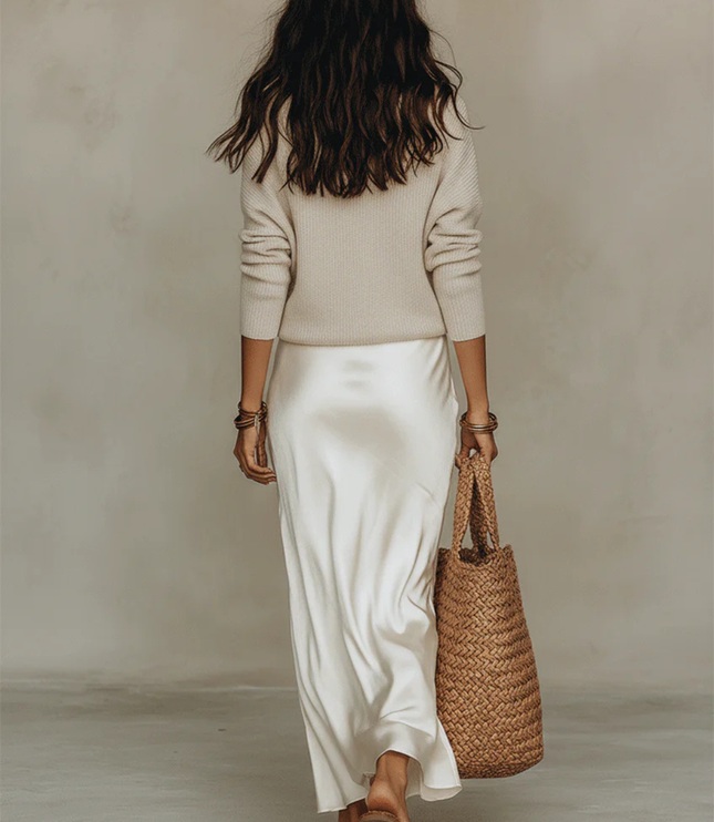 Women's Ribbed Knit Sweater and Satin Slip Midi Dress Set