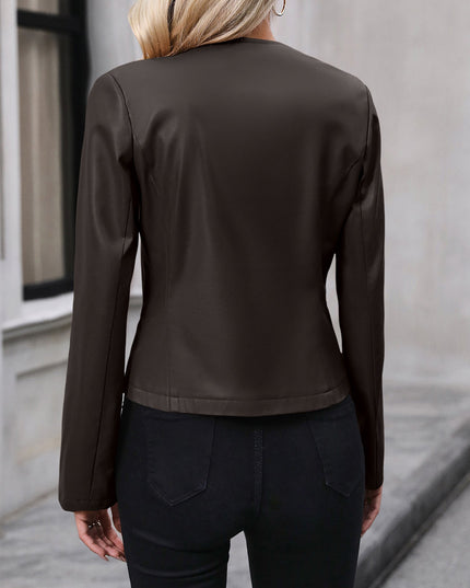 Women's Round Neck Faux Leather Cropped Zip Jacket