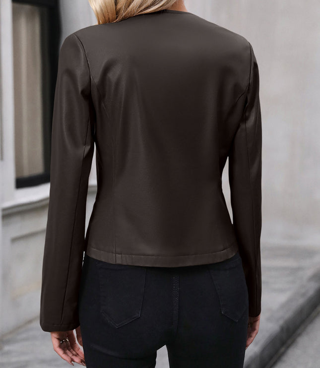 Women's Round Neck Faux Leather Cropped Zip Jacket