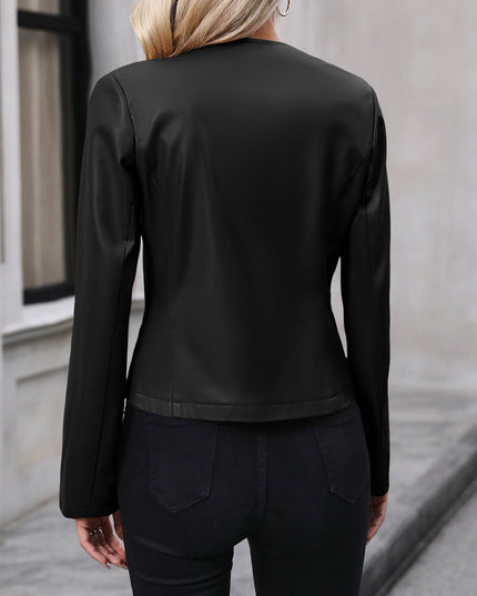 Women's Round Neck Faux Leather Cropped Zip Jacket