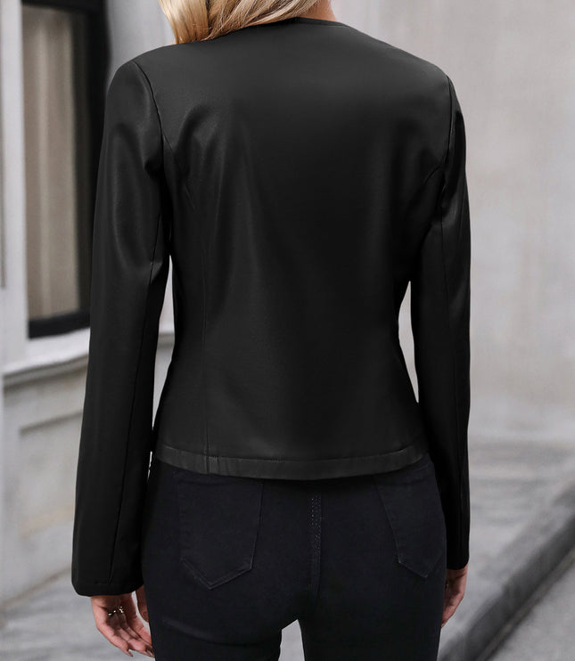Women's Round Neck Faux Leather Cropped Zip Jacket