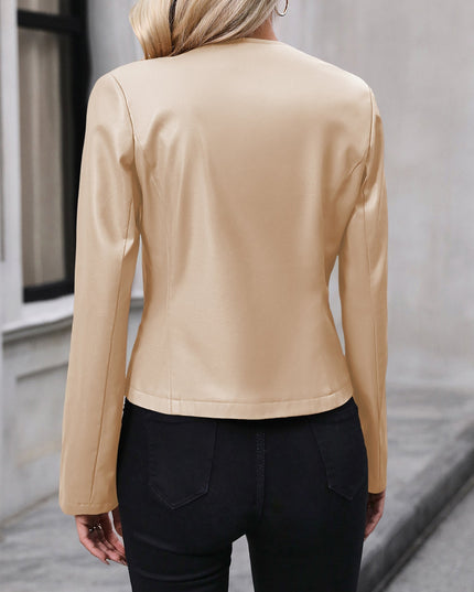 Women's Round Neck Faux Leather Cropped Zip Jacket