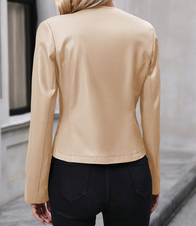 Women's Round Neck Faux Leather Cropped Zip Jacket