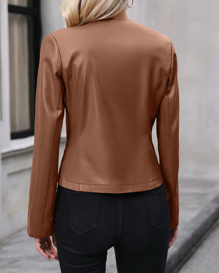 Women's Round Neck Faux Leather Cropped Zip Jacket