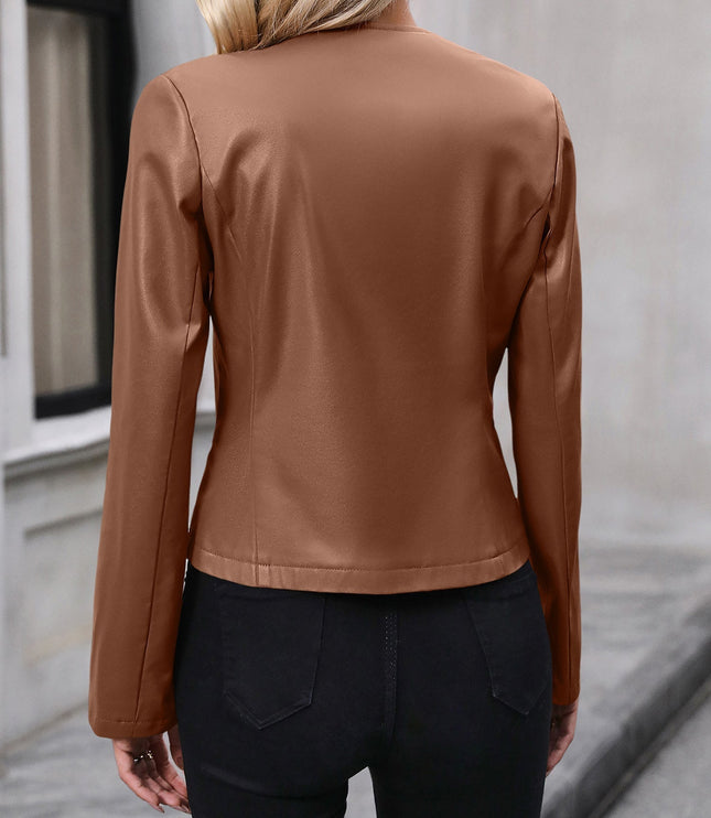 Women's Round Neck Faux Leather Cropped Zip Jacket