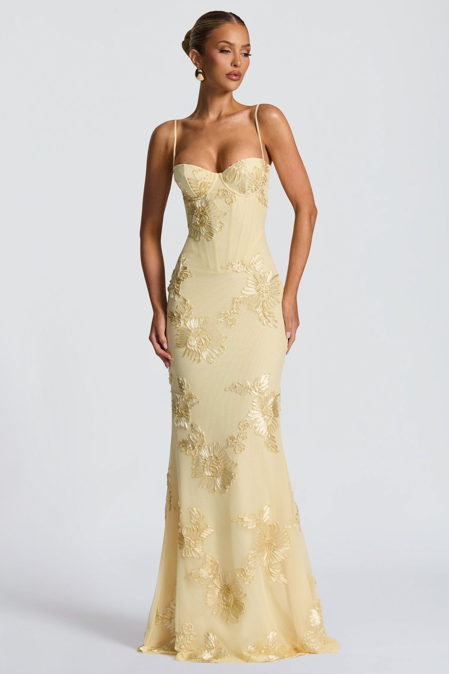Cream maxi dress with gold floral embroidery and sweetheart neckline front view