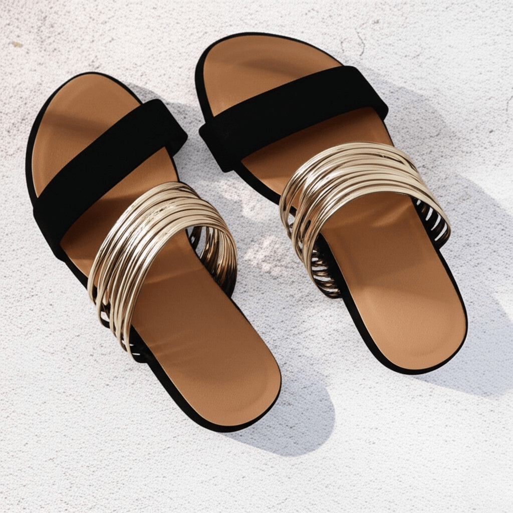 Black padded slide sandal with metallic gold straps overhead view