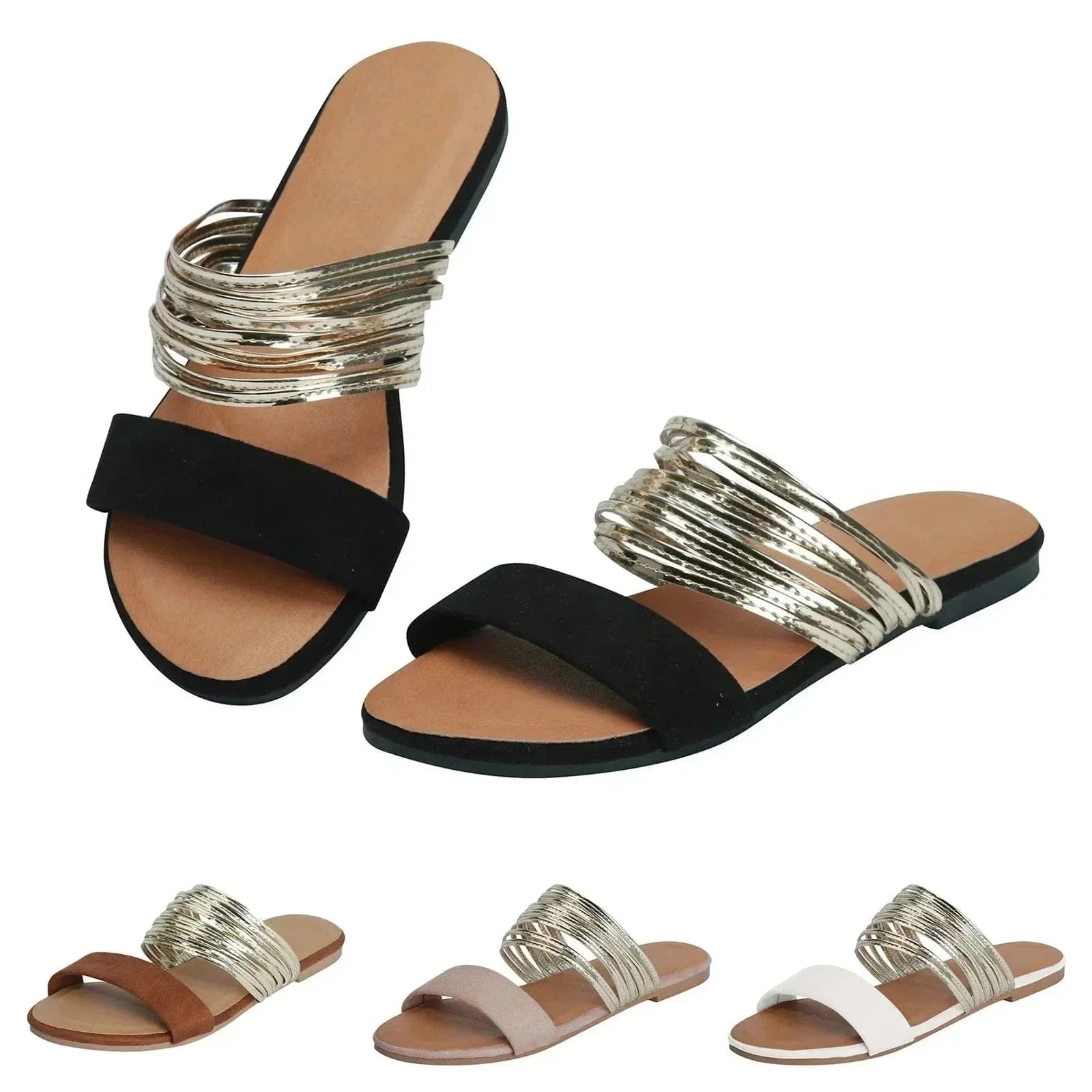 Black and metallic gold padded slide sandal flat lay product shot