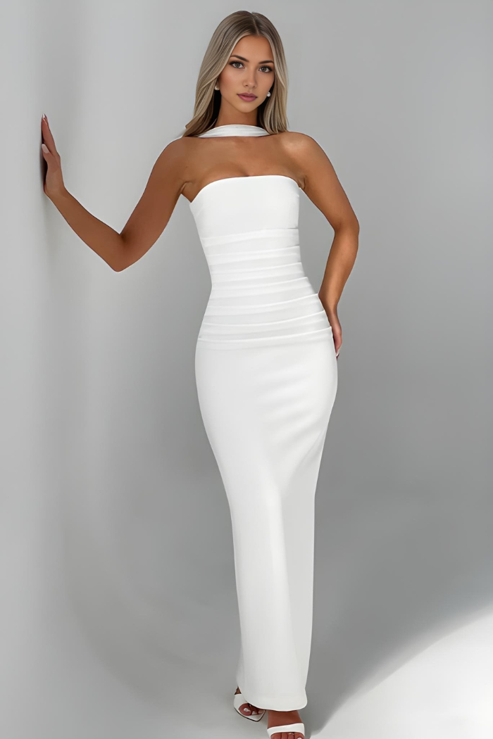 White strapless maxi bodycon dress with ruching and halter collar