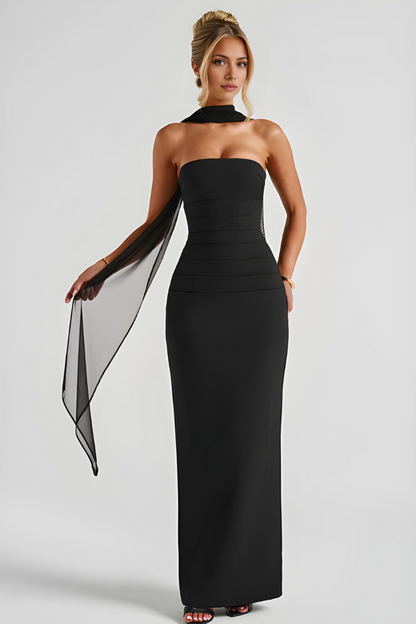 Black strapless maxi bodycon dress with ruching and sheer black scarf