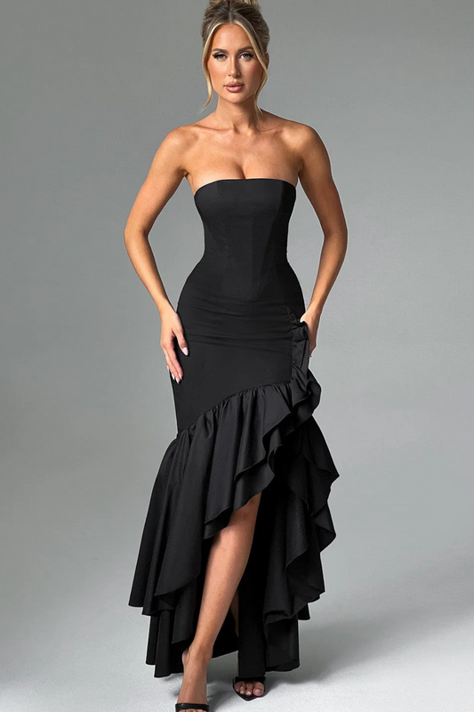 Black strapless maxi dress with ruffled side slit and fitted bodice