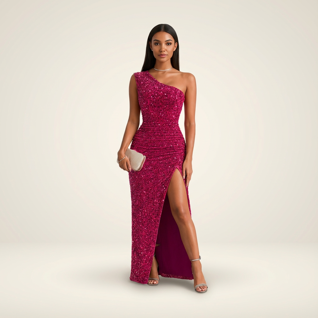 Magenta sequin one-shoulder maxi dress with thigh slit