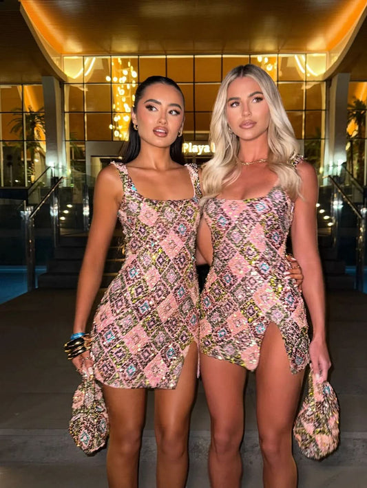 Pink and gold sequin square neck mini dress with geometric pattern front view