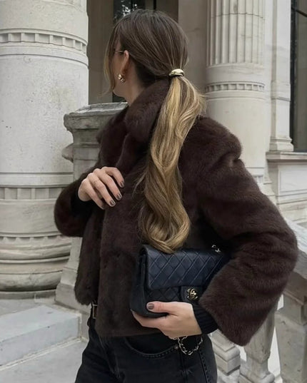 Women's Short Collared Faux Fur Jacket in Dark Brown