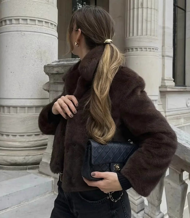 Women's Short Collared Faux Fur Jacket in Dark Brown