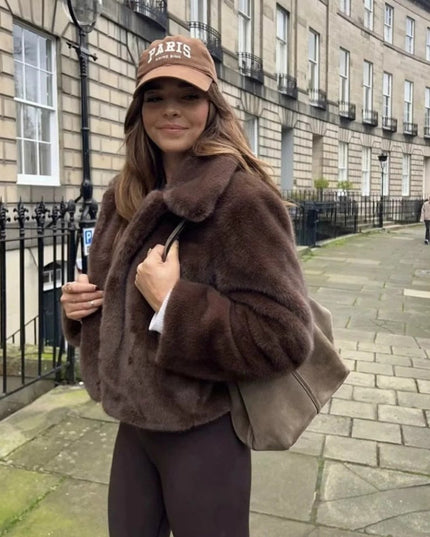 Women's Short Collared Faux Fur Jacket in Dark Brown