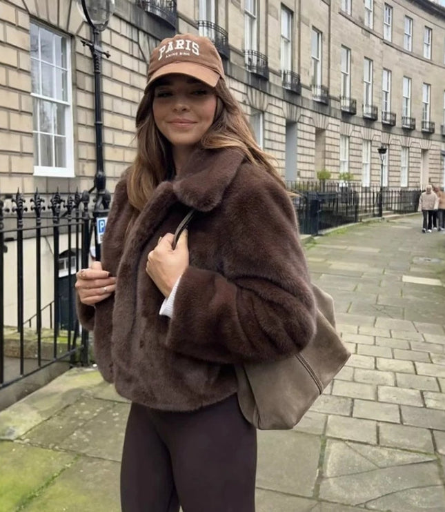 Women's Short Collared Faux Fur Jacket in Dark Brown