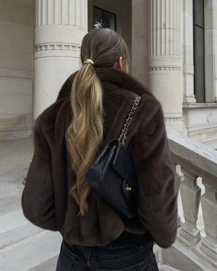 Women's Short Collared Faux Fur Jacket in Dark Brown