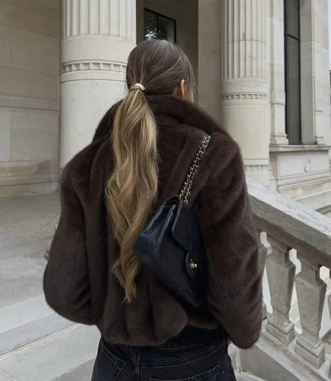 Women's Short Collared Faux Fur Jacket in Dark Brown