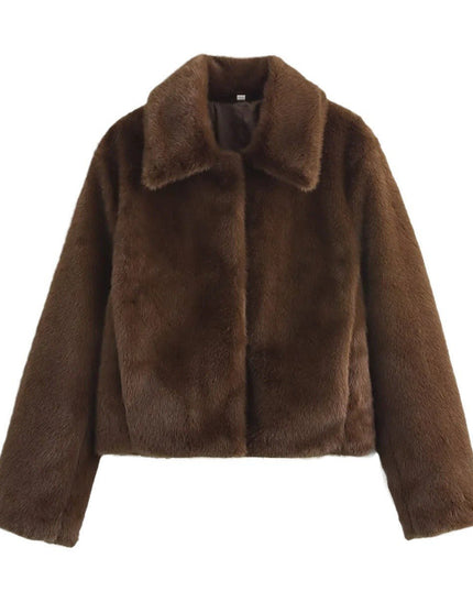 Women's Short Collared Faux Fur Jacket in Dark Brown