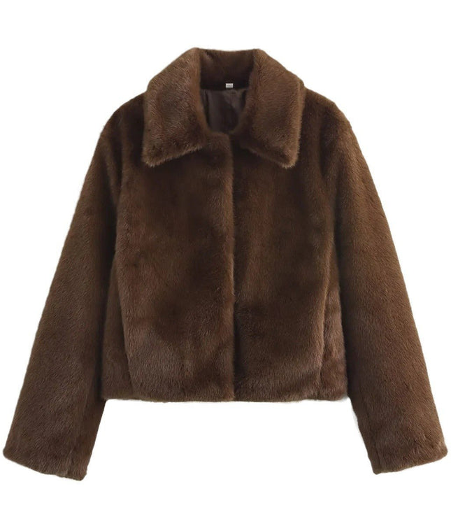 Women's Short Collared Faux Fur Jacket in Dark Brown