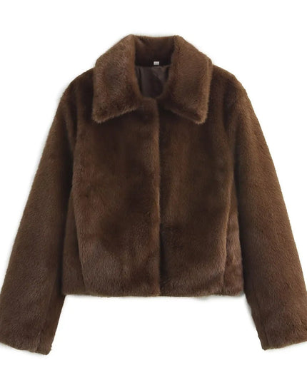 Women's Short Collared Faux Fur Jacket in Dark Brown