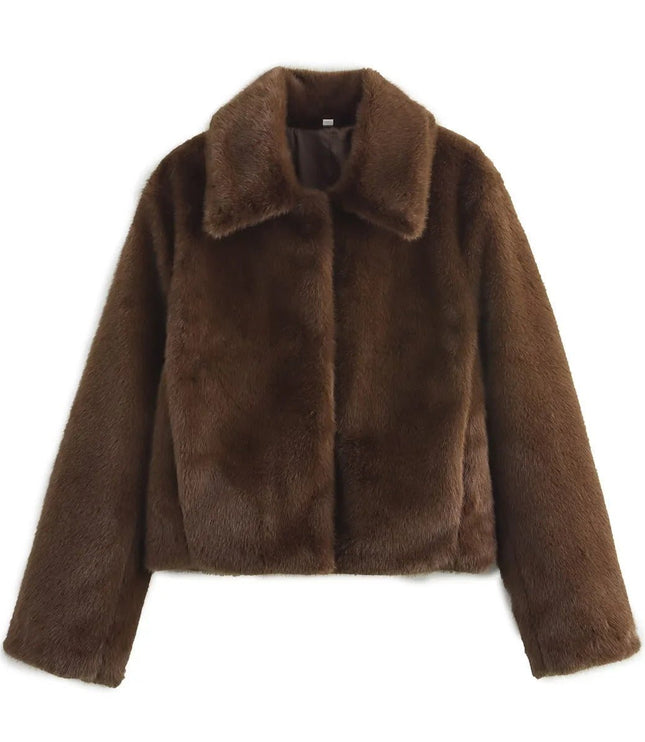 Women's Short Collared Faux Fur Jacket in Dark Brown