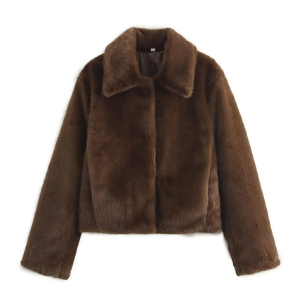 Women's Short Collared Faux Fur Jacket in Dark Brown