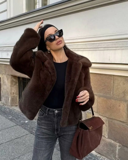 Women's Short Collared Faux Fur Jacket in Dark Brown
