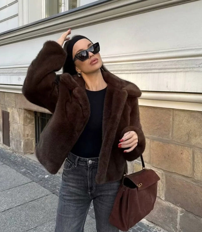 Women's Short Collared Faux Fur Jacket in Dark Brown