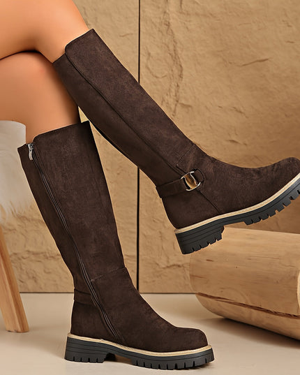 Women's Side Zip Block Heel Suede Knee High Boots