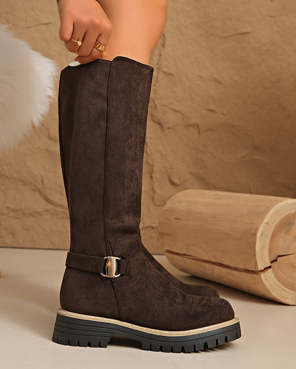 Women's Side Zip Block Heel Suede Knee High Boots