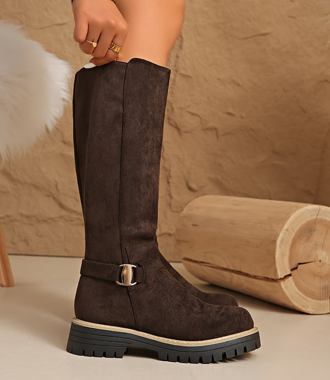 Women's Side Zip Block Heel Suede Knee High Boots