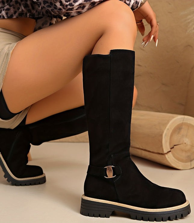 Women's Side Zip Block Heel Suede Knee High Boots