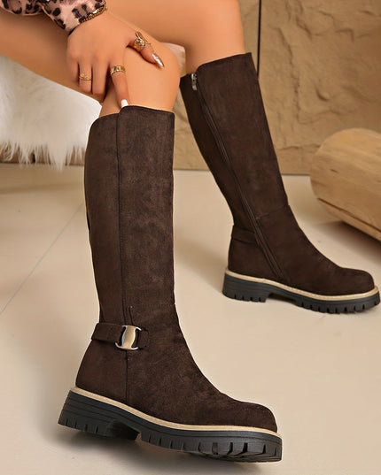 Women's Side Zip Block Heel Suede Knee High Boots