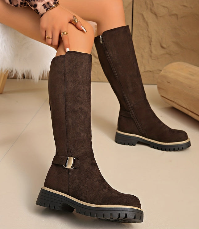 Women's Side Zip Block Heel Suede Knee High Boots