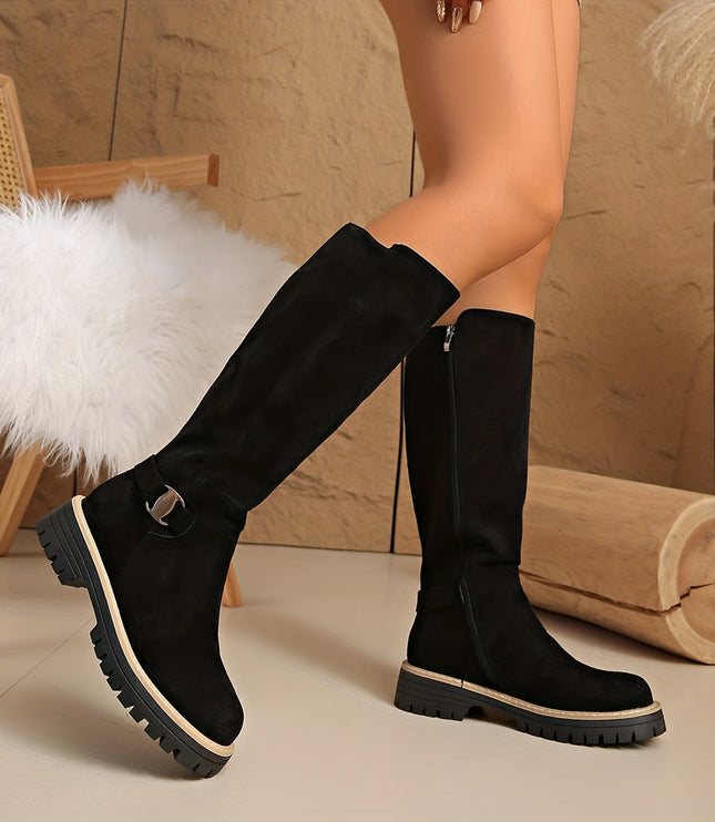 Women's Side Zip Block Heel Suede Knee High Boots