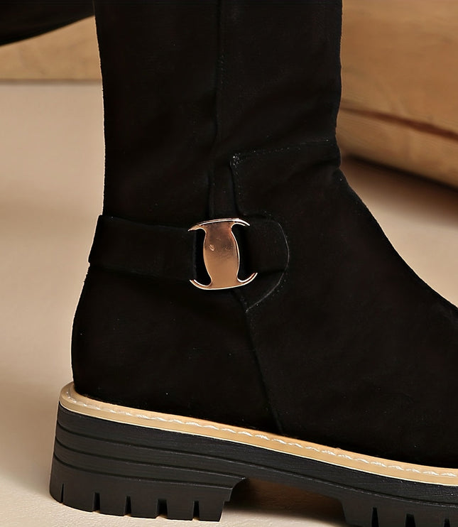 Women's Side Zip Block Heel Suede Knee High Boots
