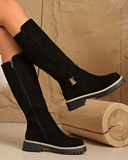 Women's Side Zip Block Heel Suede Knee High Boots