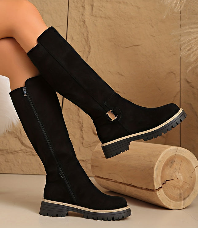 Women's Side Zip Block Heel Suede Knee High Boots